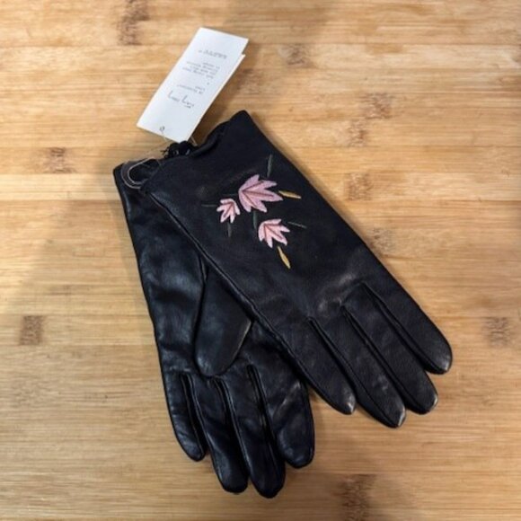 Accessories - Retro Black leather gloves with pink / pastel floral embroidery - NWT